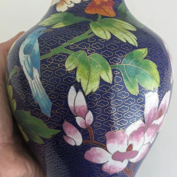 Vtg 10" Oriental Cloisonne Vase Blue Bird Dahlia Plum Royal Blue Asian Chinese - Picture 4 of 15